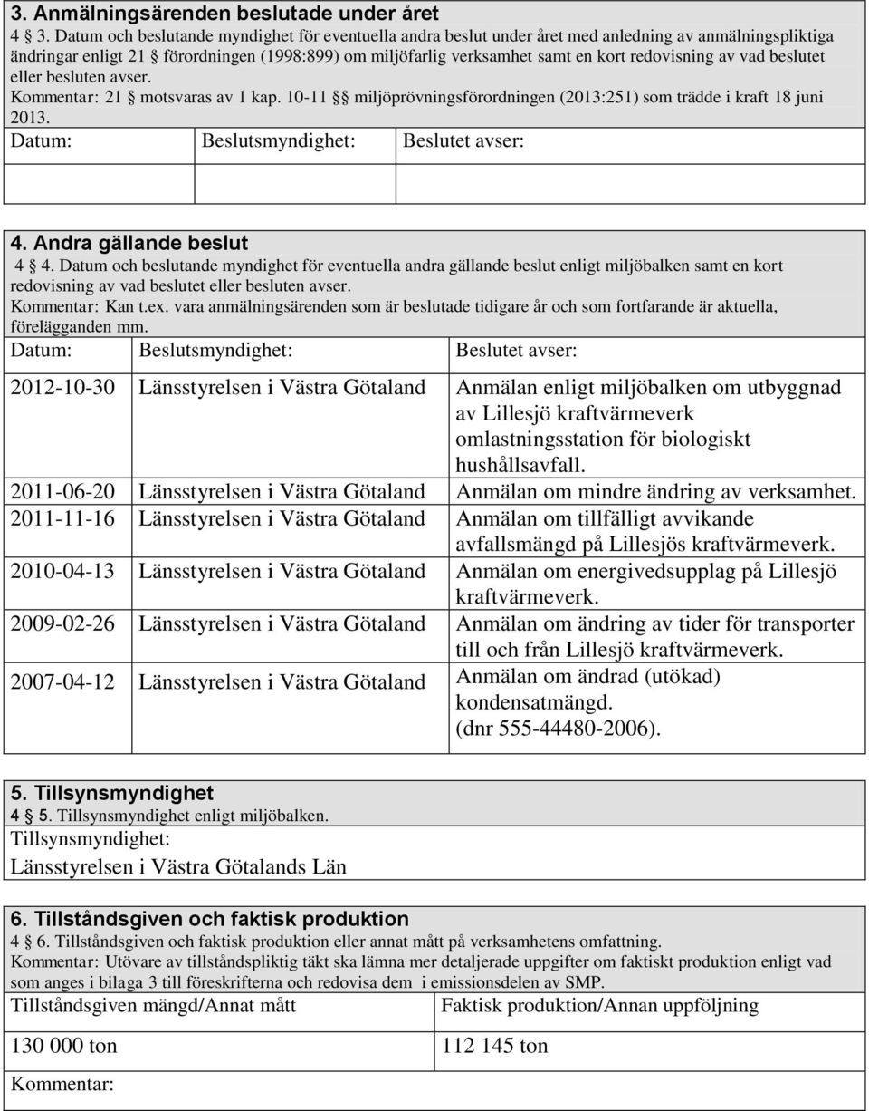 redovisning av vad beslutet eller besluten avser. Kommentar: 21 motsvaras av 1 kap. 10-11 miljöprövningsförordningen (2013:251) som trädde i kraft 18 juni 2013.