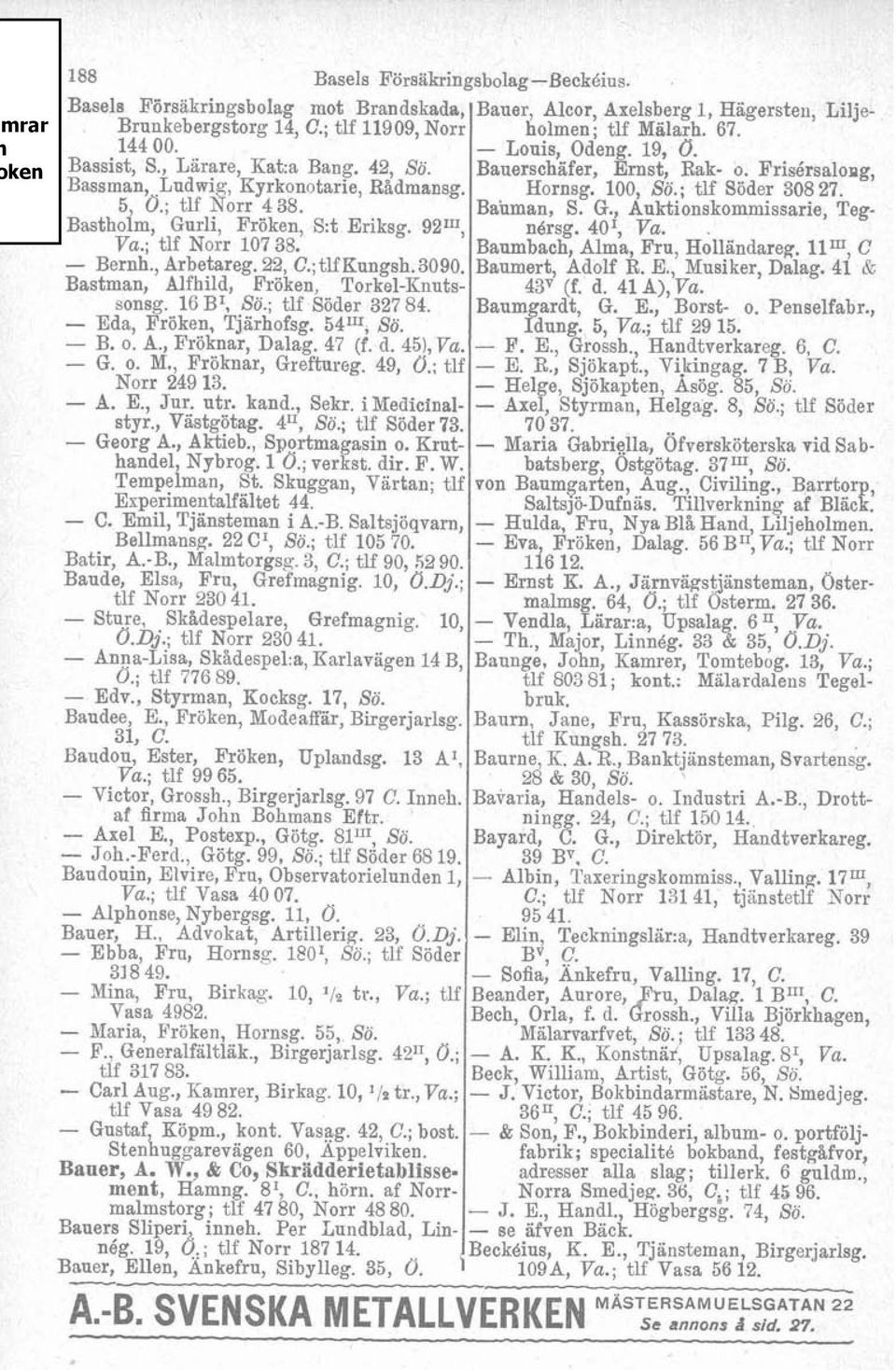 Bastman, Alfhild, Fröken, Torkel-Enutssonsg. 16 B', Sö.; tlf Söder 327 84. - Eda, Fröken, Tjärhofsg. 541", So. - B. o. A., Fröknar, Dalag. 47 (f. d. 451, Va. - G. o. M., Fröknar, Grefturc-g. 49, O.