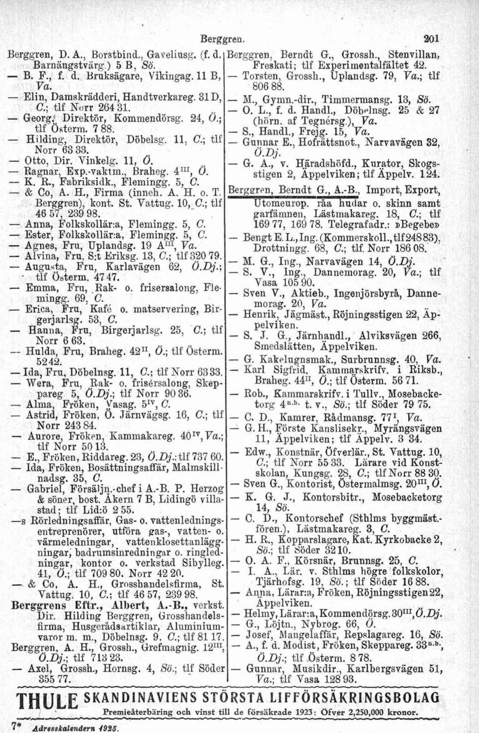 , Flemingg. 5, C. - B Co, A. H., Firma (inneh. A. H. o. T. Berggren), kont. St. Vattug. 10,_C.; tlf 46 57, 239 98. - Anna, Folkskollär:a, Flemingg. 5, C. Ester, Folkskollär:av Flemingg. 5, C. Agnes, Fru, Uplandsg.