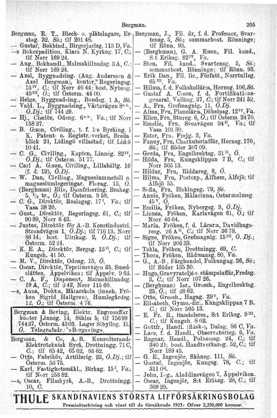 - Helge, Byggnadqing., Bondeg. 1 A, Sö. - Vald. L., Byggnadsing., Värtaviigen @.b., ö.dj.; tlf 744 29. - Hj., Ciselör, Odeng. 6"sb., Va.; tlf Norr 158 27. - B. G:son, Civiling., t. f. 1.e Byråing.