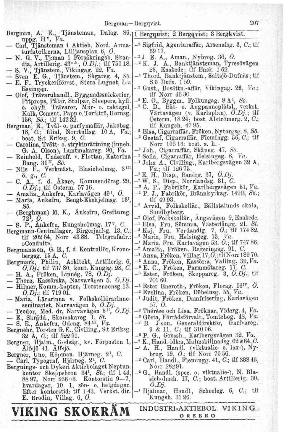 , Byggnadssnickerier, Pitprops, Pålar, Stolpar, Sleepere, hyfl. o. ohyfl. Trävaror, Mur- o. taktegel, Kalk, Cement, Papp o.torfströ, Hornsg. 156, So.; flf 14238. Bergman, E., Tv%l- o.