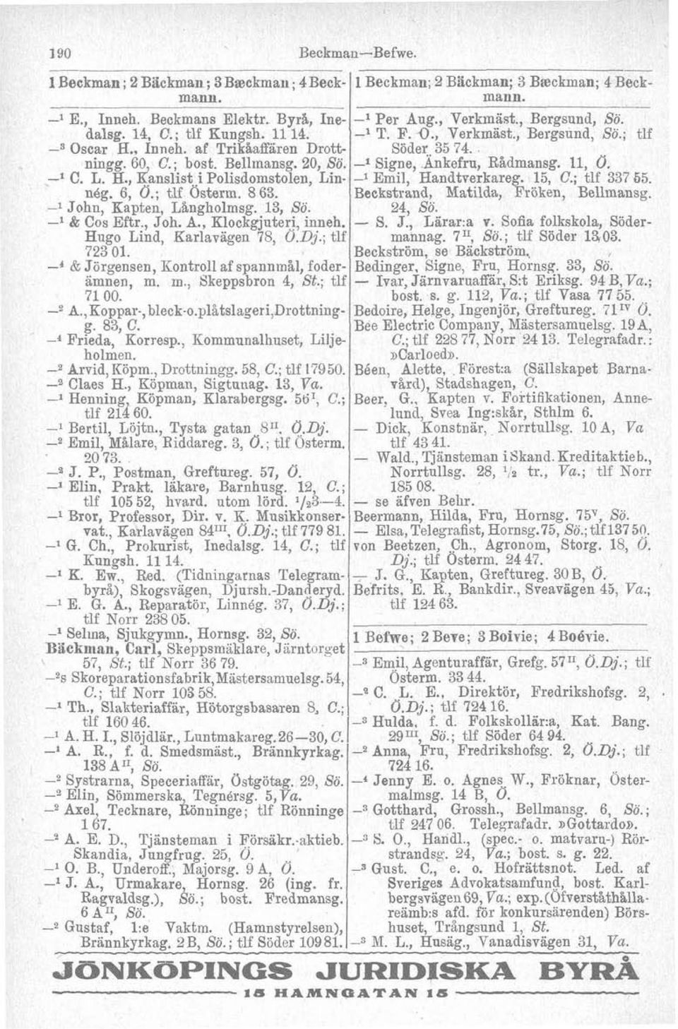 Hugo Lind, Karlavagen 78, O.Dj.; tlf d23 01. & Jörgensen, Kontroll af spannmål, foderämnen, m. m., Skeppsbron 4, St.; tlf 71 00. A.,Koppar-,bleck-o.