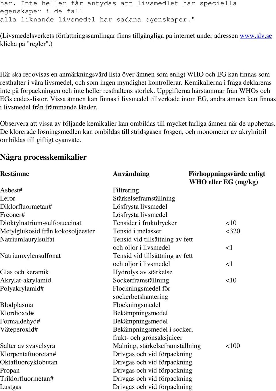 ) Här ska redovisas en anmärkningsvärd lista över ämnen som enligt WHO och EG kan finnas som resthalter i våra livsmedel, och som ingen myndighet kontrollerar.