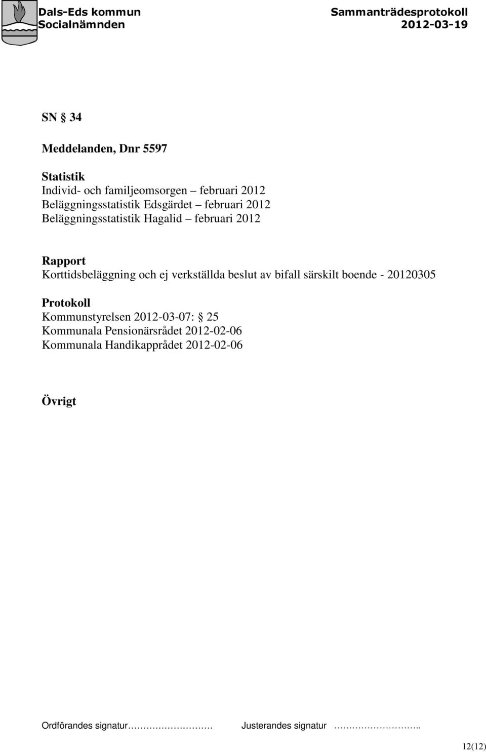 Korttidsbeläggning och ej verkställda beslut av bifall särskilt boende - 20120305 Protokoll