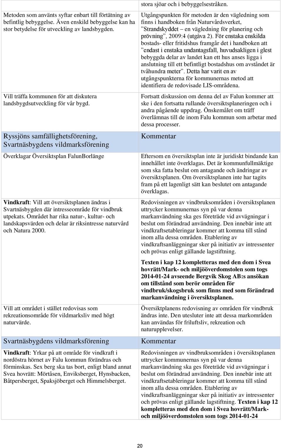 Ryssjöns samfällighetsförening, Svartnäsbygdens vildmarksförening Överklagar Översiktsplan FalunBorlänge Vindkraft: Vill att översiktsplanen ändras i Svartnäsbygden där intresseområde för vindbruk