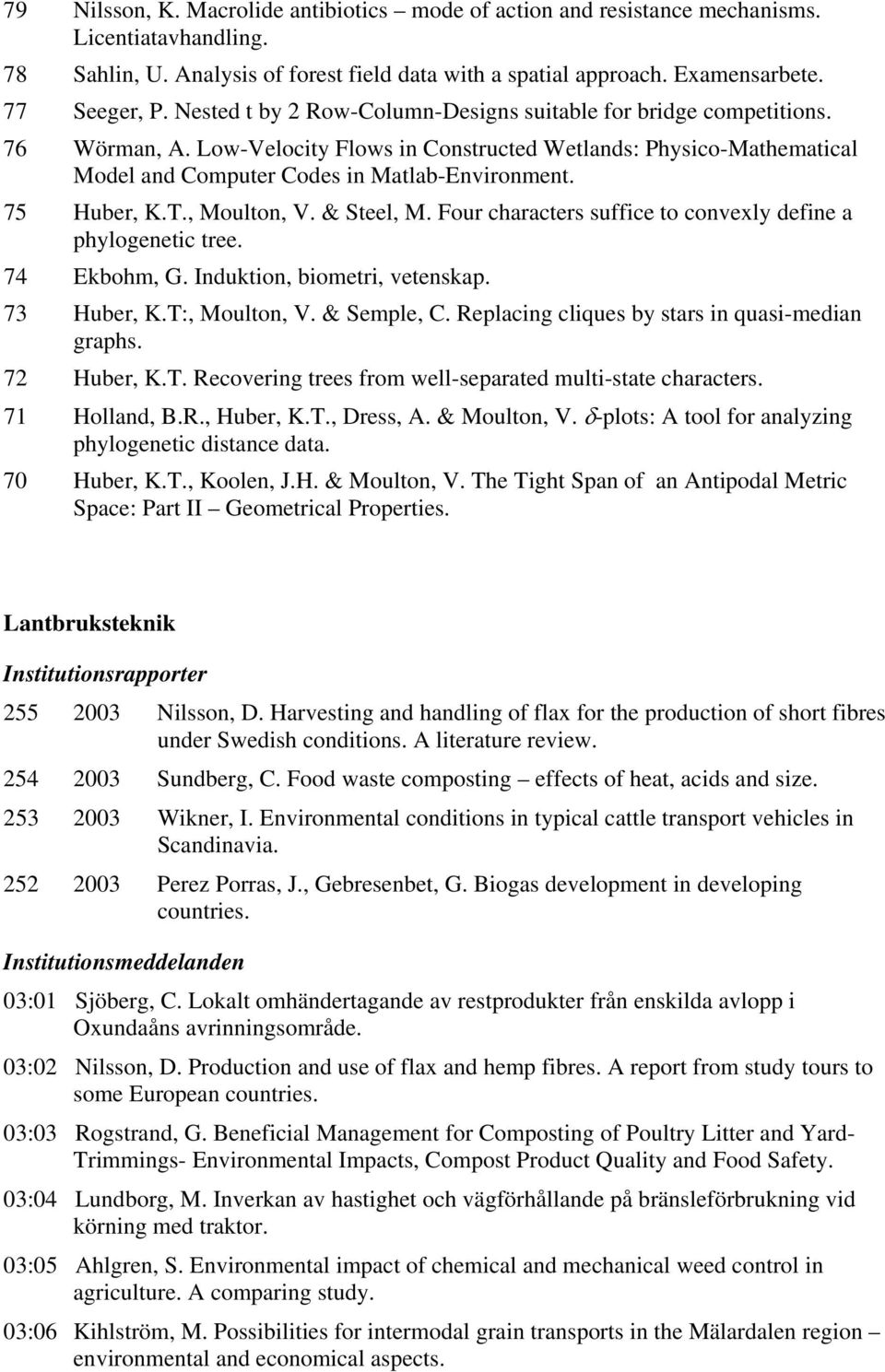 75 Huber, K.T., Moulton, V. & Steel, M. Four characters suffice to convexly define a phylogenetic tree. 74 Ekbohm, G. Induktion, biometri, vetenskap. 73 Huber, K.T:, Moulton, V. & Semple, C.