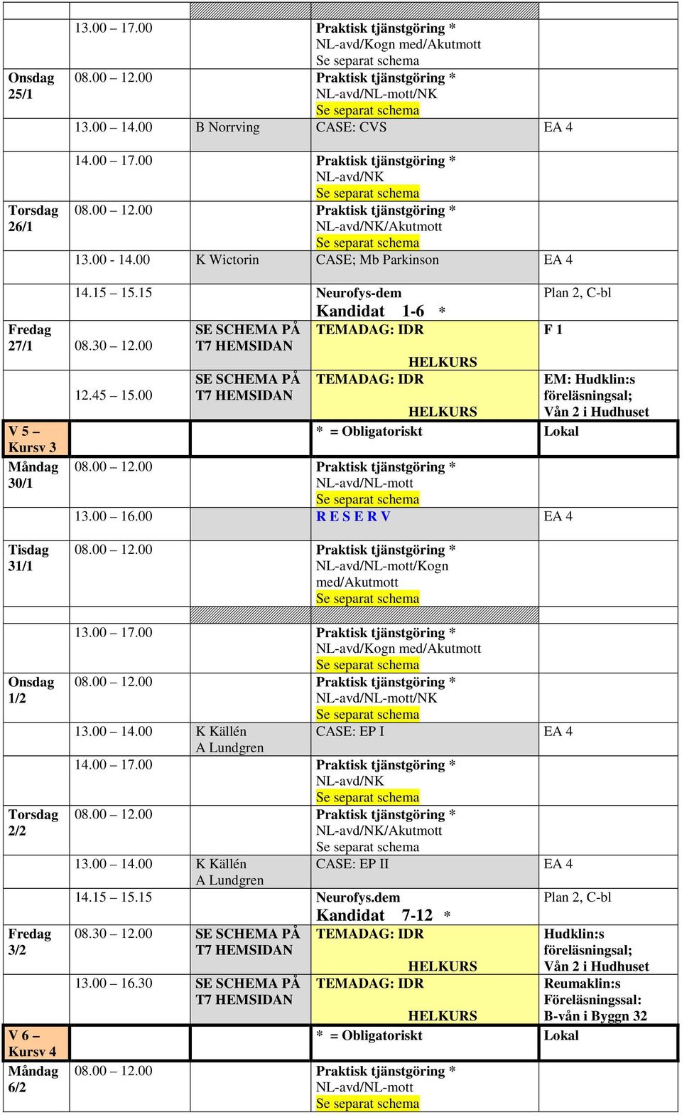 00 R E S E R V 31/1 1/2 2/2 3/2 V 6 Kursv 4 6/2 /Kogn NL-avd/Kogn /NK 13.00 14.00 K Källén CASE: EP I A Lundgren 14.00 17.00 Praktisk tjänstgöring * /Akutmott 13.00 14.00 K Källén CASE: EP II A Lundgren 14.