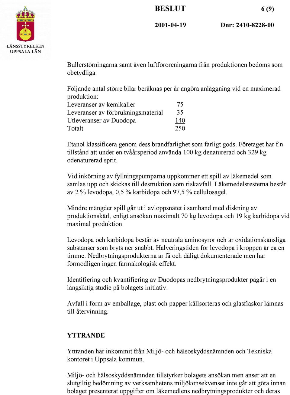 Etanol klassificera genom dess brandfarlighet som farligt gods. Företaget har f.n. tillstånd att under en tvåårsperiod använda 100 kg denaturerad och 329 kg odenaturerad sprit.