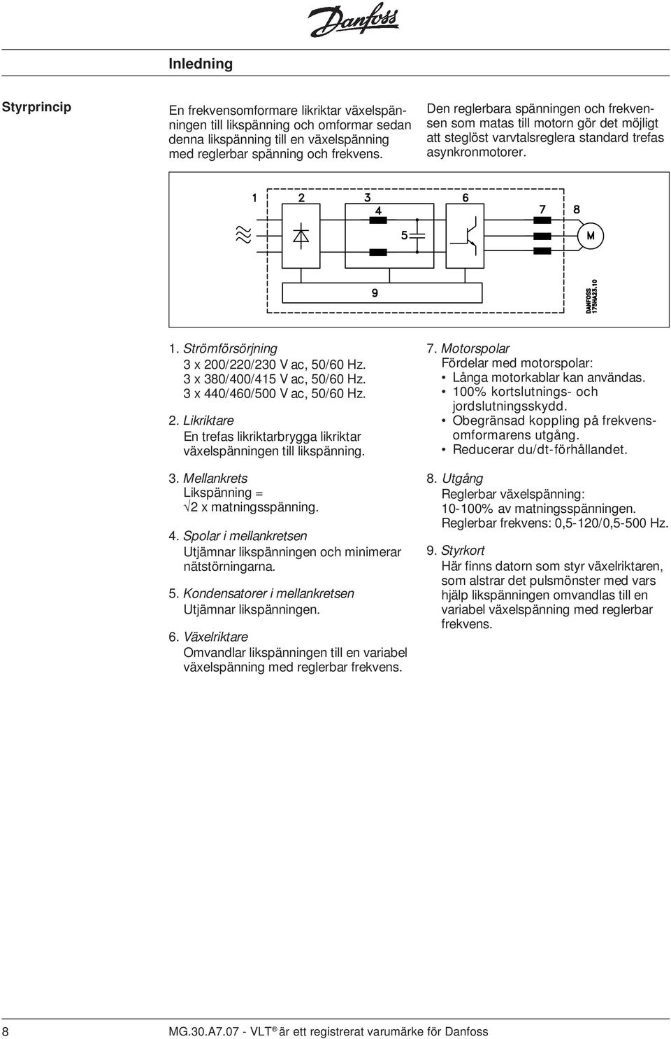 3 x 380/400/415 V ac, 50/60 Hz. 3 x 440/460/500 V ac, 50/60 Hz. 2. Likriktare En trefas likriktarbrygga likriktar växelspänningen till likspänning. 3. Mellankrets Likspänning = 2 x matningsspänning.