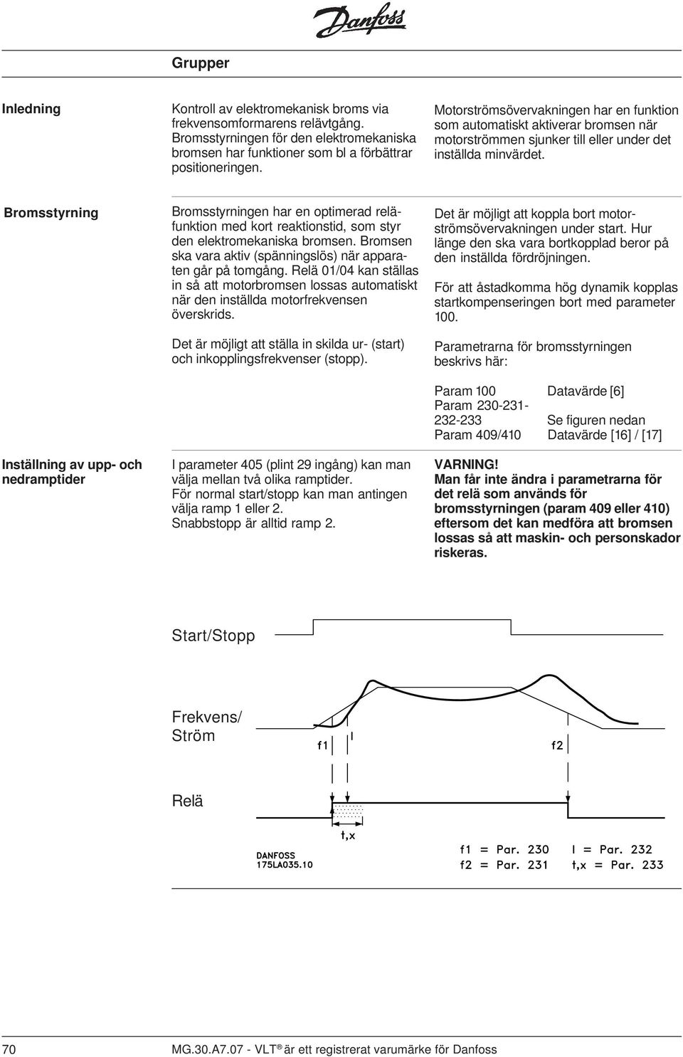 Bromsstyrning Inställning av upp- och nedramptider Bromsstyrningen har en optimerad reläfunktion med kort reaktionstid, som styr den elektromekaniska bromsen.
