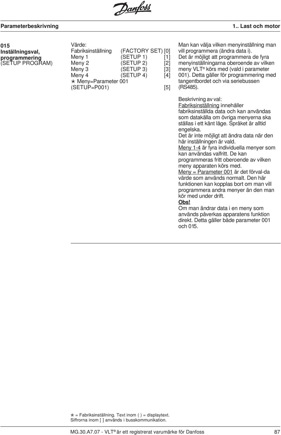 Det är möjligt att programmera de fyra menyinställningarna oberoende av vilken meny VLT körs med (vald i parameter 001). Detta gäller för programmering med tangentbordet och via seriebussen (RS485).