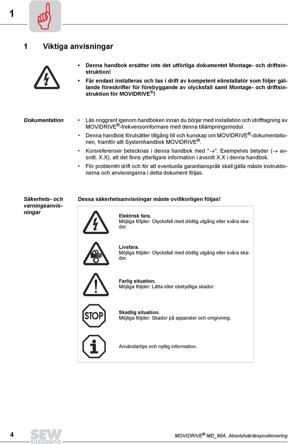 Dokumentation Läs noggrant igenom handboken innan du börjar med installation och idrifttagning av MOVIDRIVE -frekvensomformare med denna tillämpningsmodul.