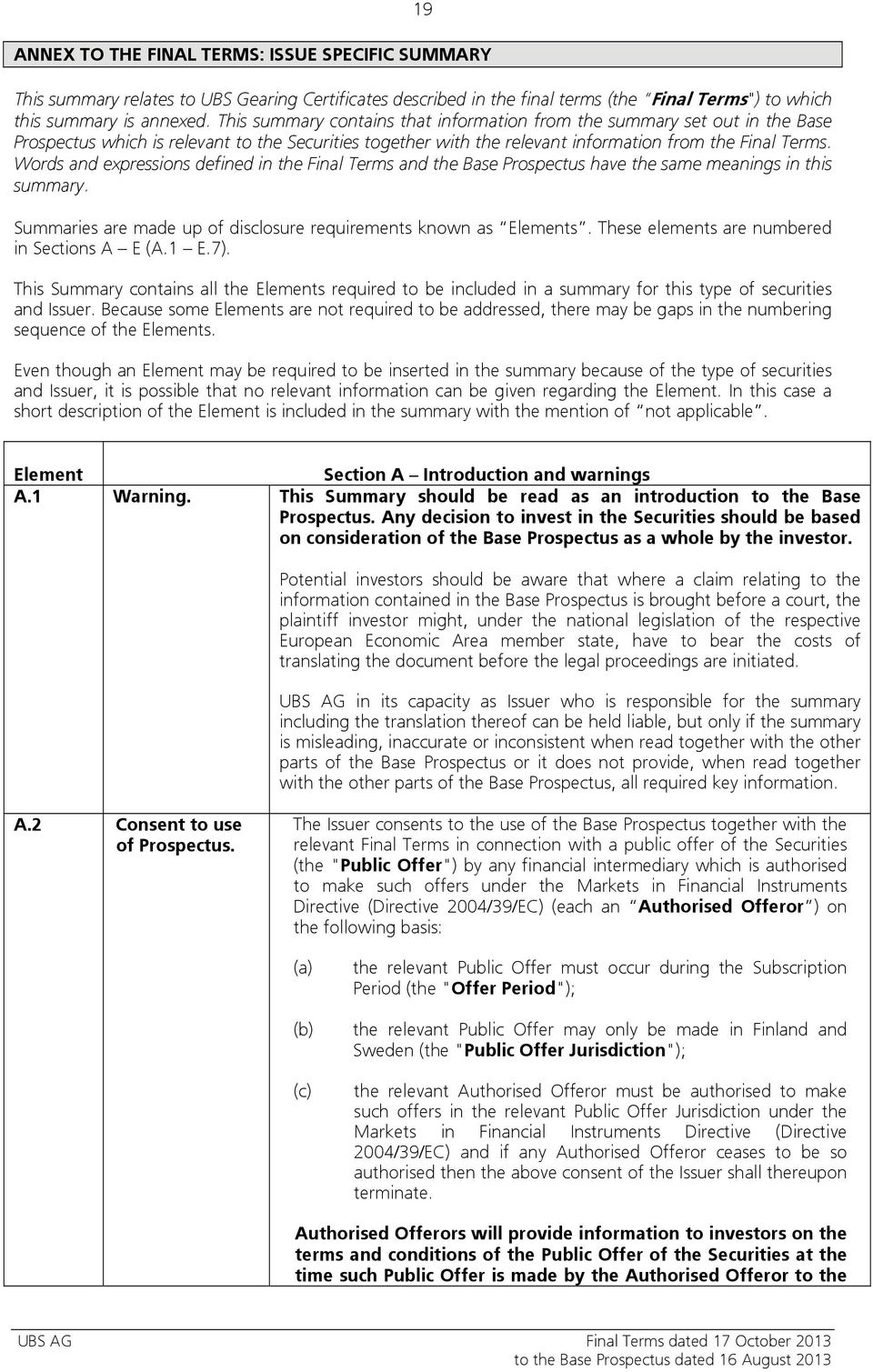 Words and expressions defined in the Final Terms and the Base Prospectus have the same meanings in this summary. Summaries are made up of disclosure requirements known as Elements.