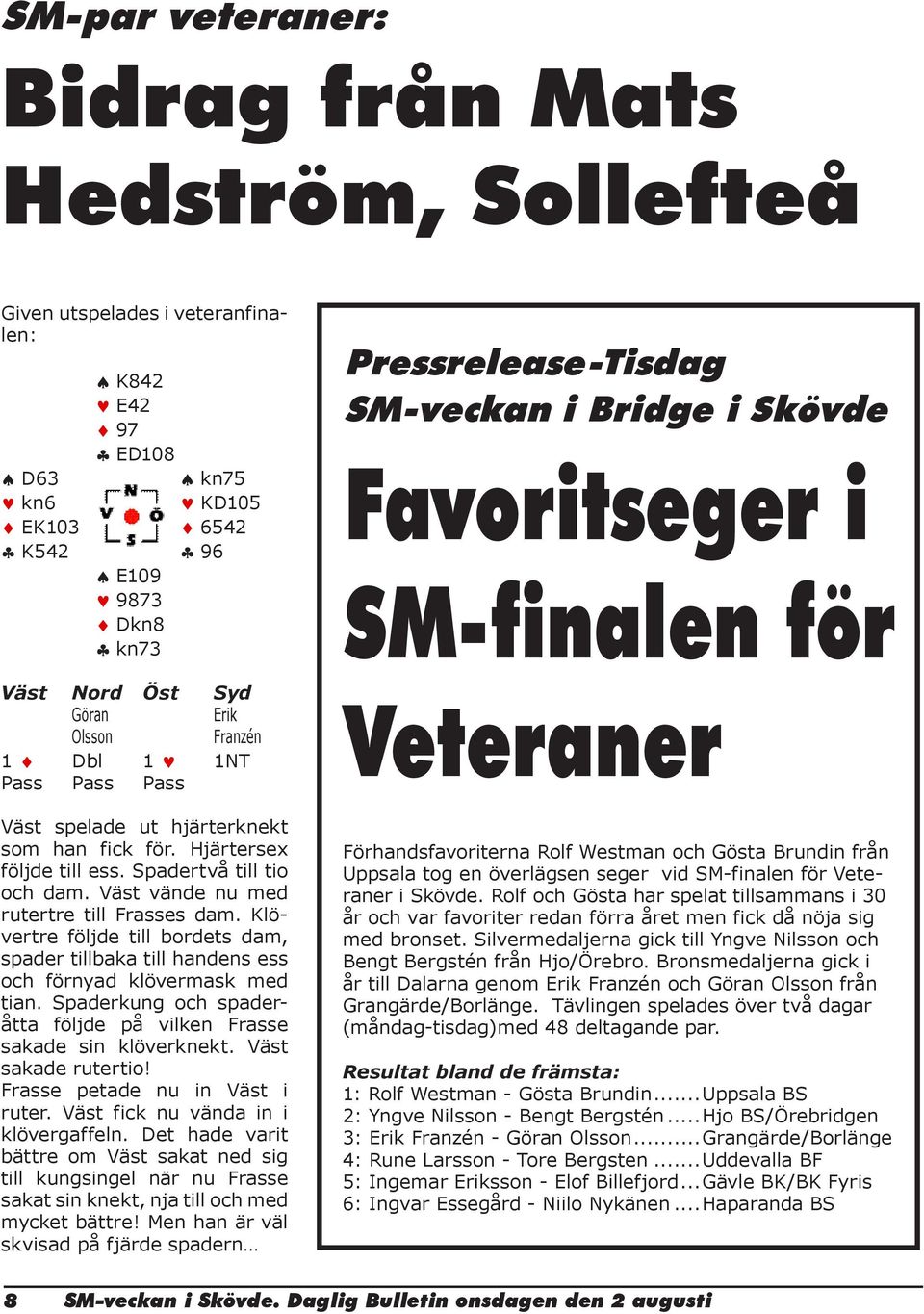 Spadertvå till tio och dam. Väst vände nu med rutertre till Frasses dam. Klövertre följde till bordets dam, spader tillbaka till handens ess och förnyad klövermask med tian.