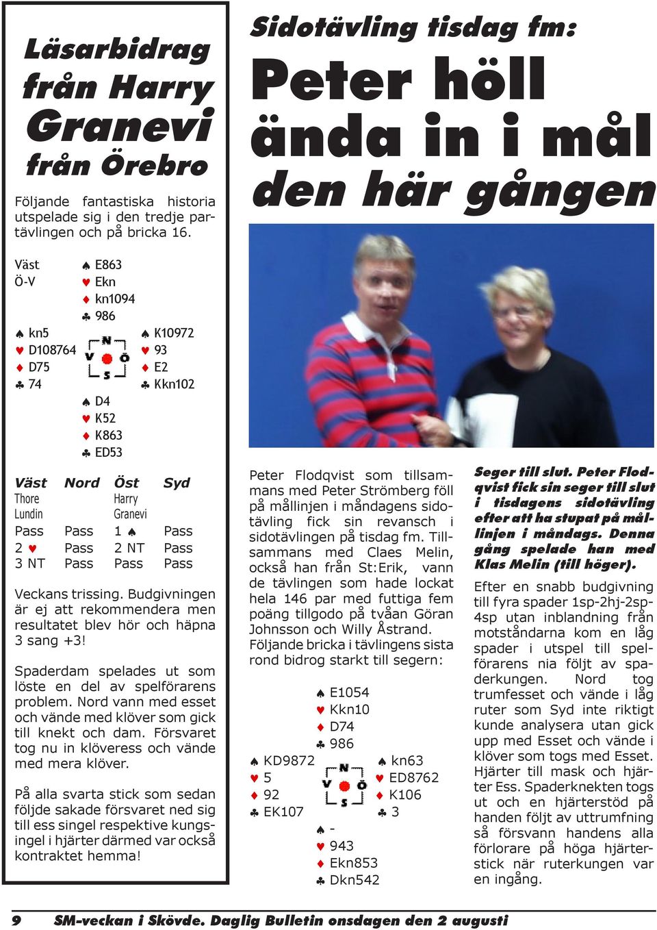 2 NT Pass 3 NT Pass Pass Pass Veckans trissing. Budgivningen är ej att rekommendera men resultatet blev hör och häpna 3 sang +3! Spaderdam spelades ut som löste en del av spelförarens problem.