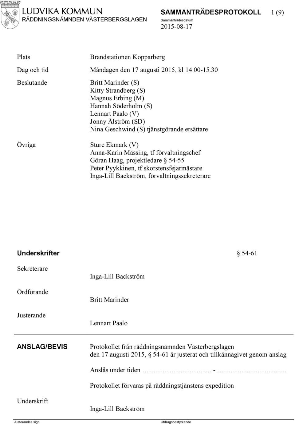 Anna-Karin Mässing, tf förvaltningschef Göran Haag, projektledare 54-55 Peter Pyykkinen, tf skorstensfejarmästare Inga-Lill Backström, förvaltningssekreterare Underskrifter 54-61 Sekreterare