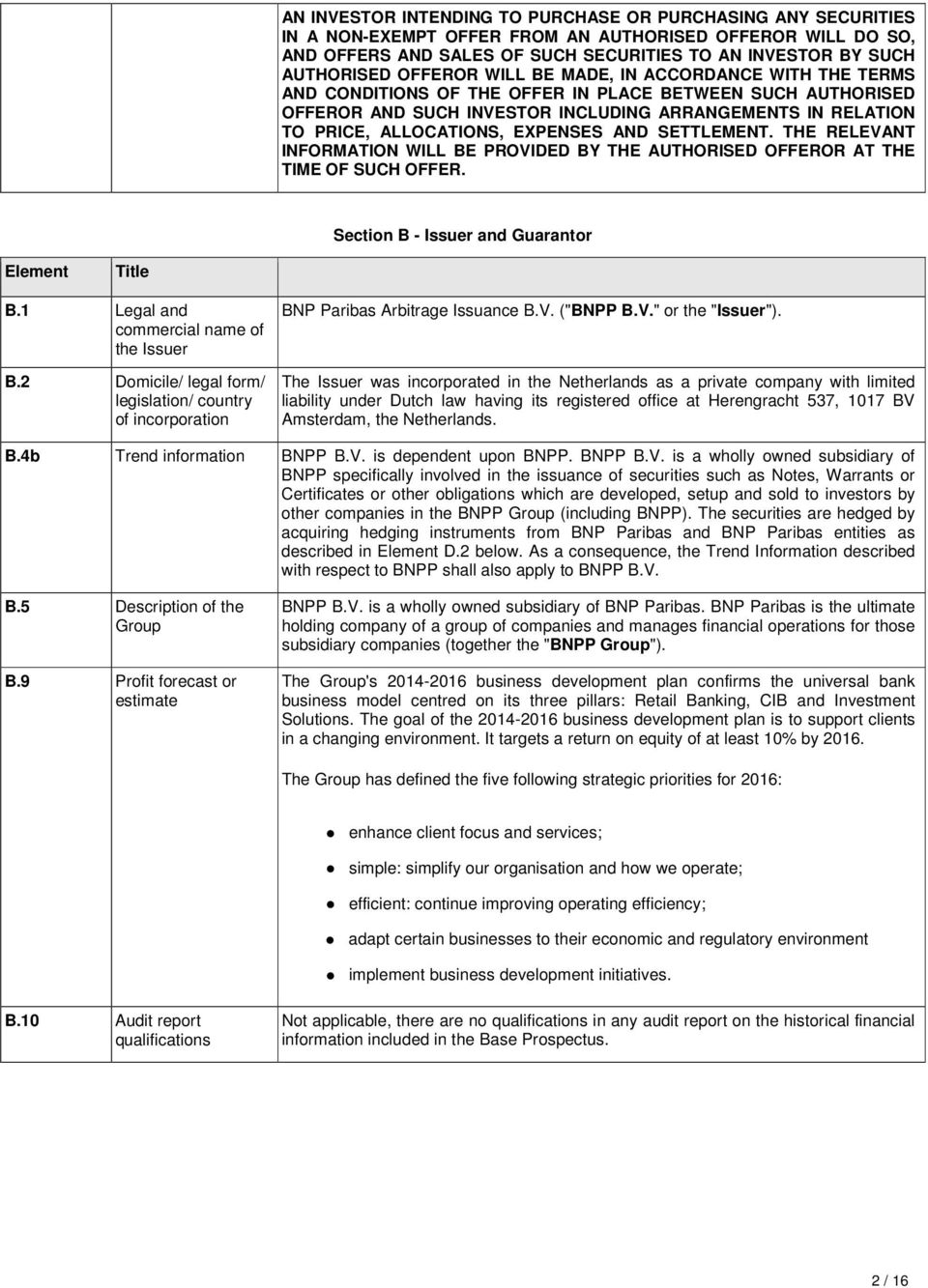 EXPENSES AND SETTLEMENT. THE RELEVANT INFORMATION WILL BE PROVIDED BY THE AUTHORISED OFFEROR AT THE TIME OF SUCH OFFER. Section B - Issuer and Guarantor Element Title B.