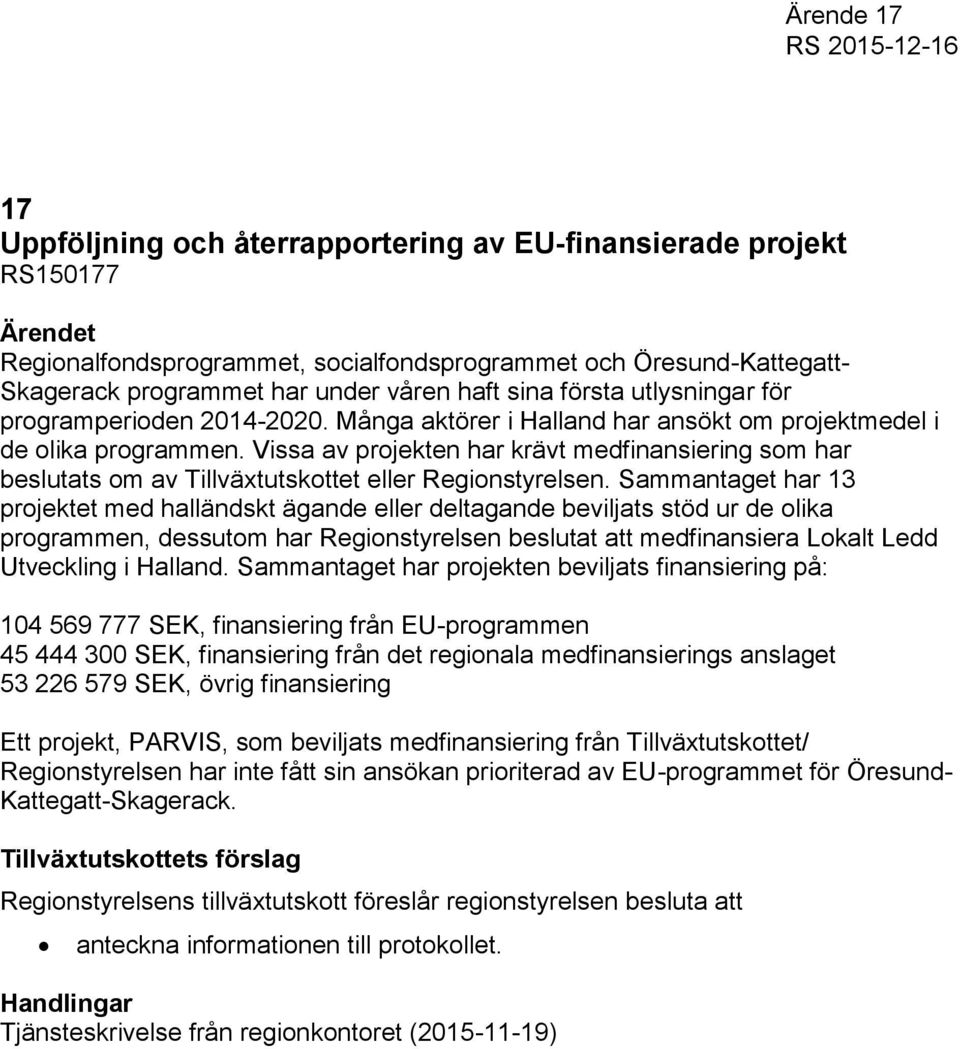 Vissa av projekten har krävt medfinansiering som har beslutats om av Tillväxtutskottet eller Regionstyrelsen.