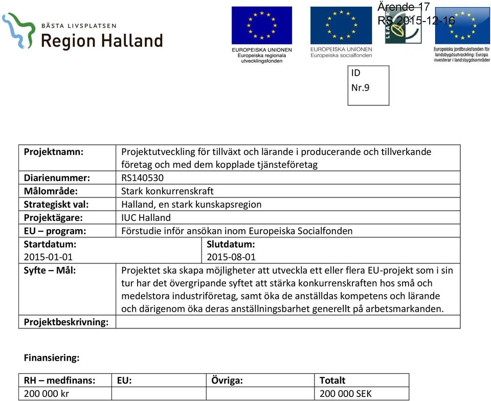 möjligheter att utveckla ett eller flera EU-projekt som i sin tur har det övergripande syftet att stärka konkurrenskraften hos små och medelstora