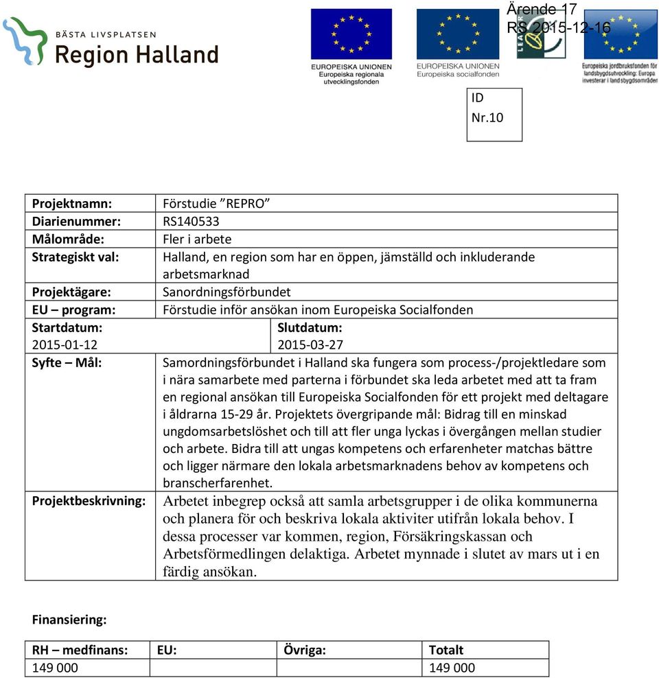 Europeiska Socialfonden för ett projekt med deltagare i åldrarna 15-29 år.