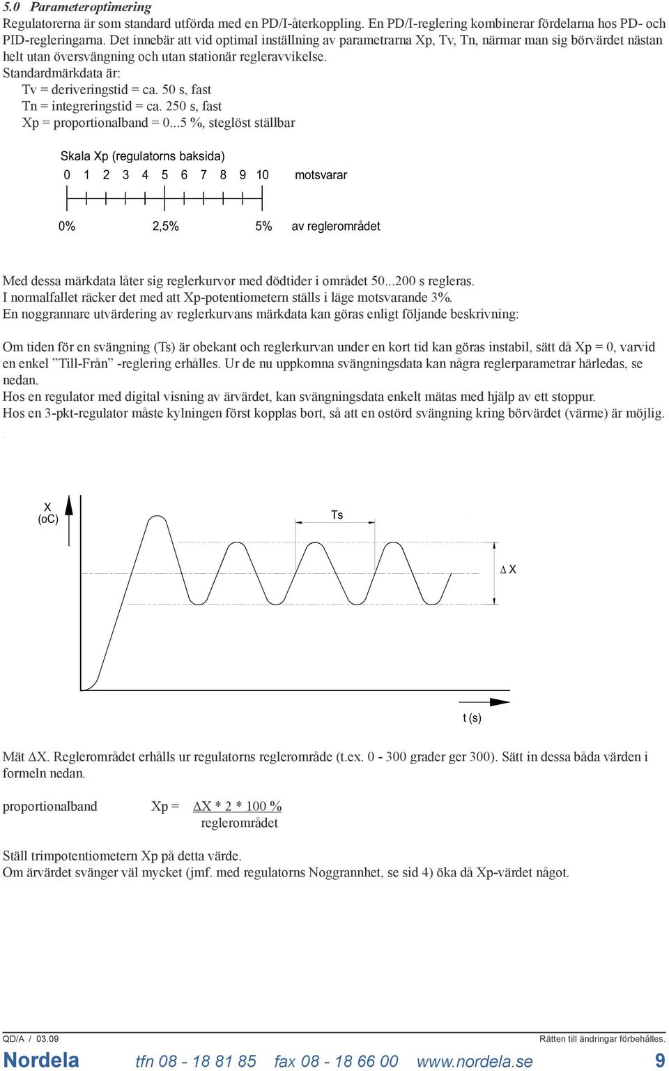 Standardmärkdata är: Tv = deriveringstid = ca. 50 s, fast Tn = integreringstid = ca. 250 s, fast Xp = proportionalband = 0.