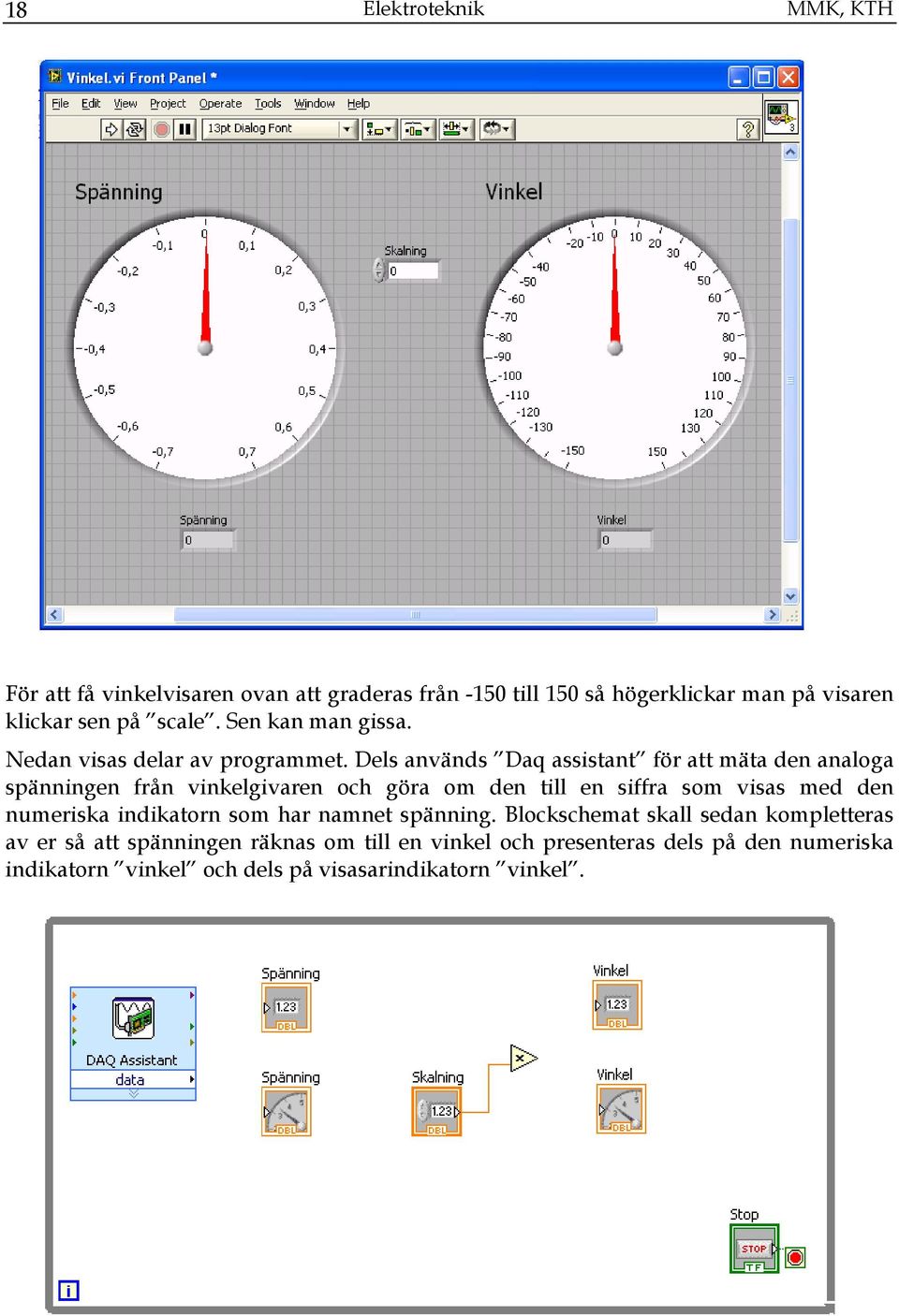 Dels används Daq assistant för att mäta den analoga spänningen från vinkelgivaren och göra om den till en siffra som visas med den