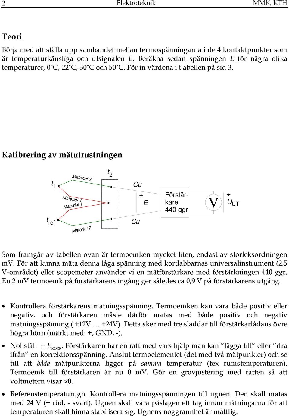 Kalibrering av mätutrustningen t 1 t 2 Material 1 Material 2 Material 1 Cu + E Förstärkare 440 ggr V + U UT t ref Material 2 Cu Som framgår av tabellen ovan är termoemken mycket liten, endast av