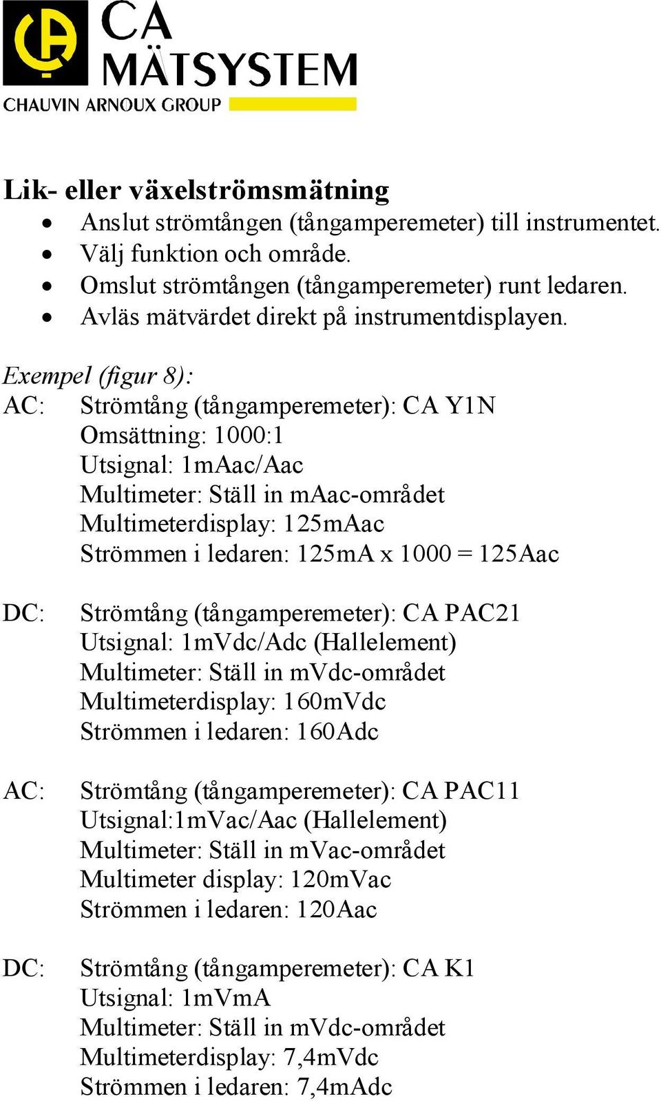 Exempel (figur 8): AC: Strömtång (tångamperemeter): CA Y1N Omsättning: 1000:1 Utsignal: 1mAac/Aac Multimeter: Ställ in maac-området Multimeterdisplay: 125mAac Strömmen i ledaren: 125mA x 1000 =