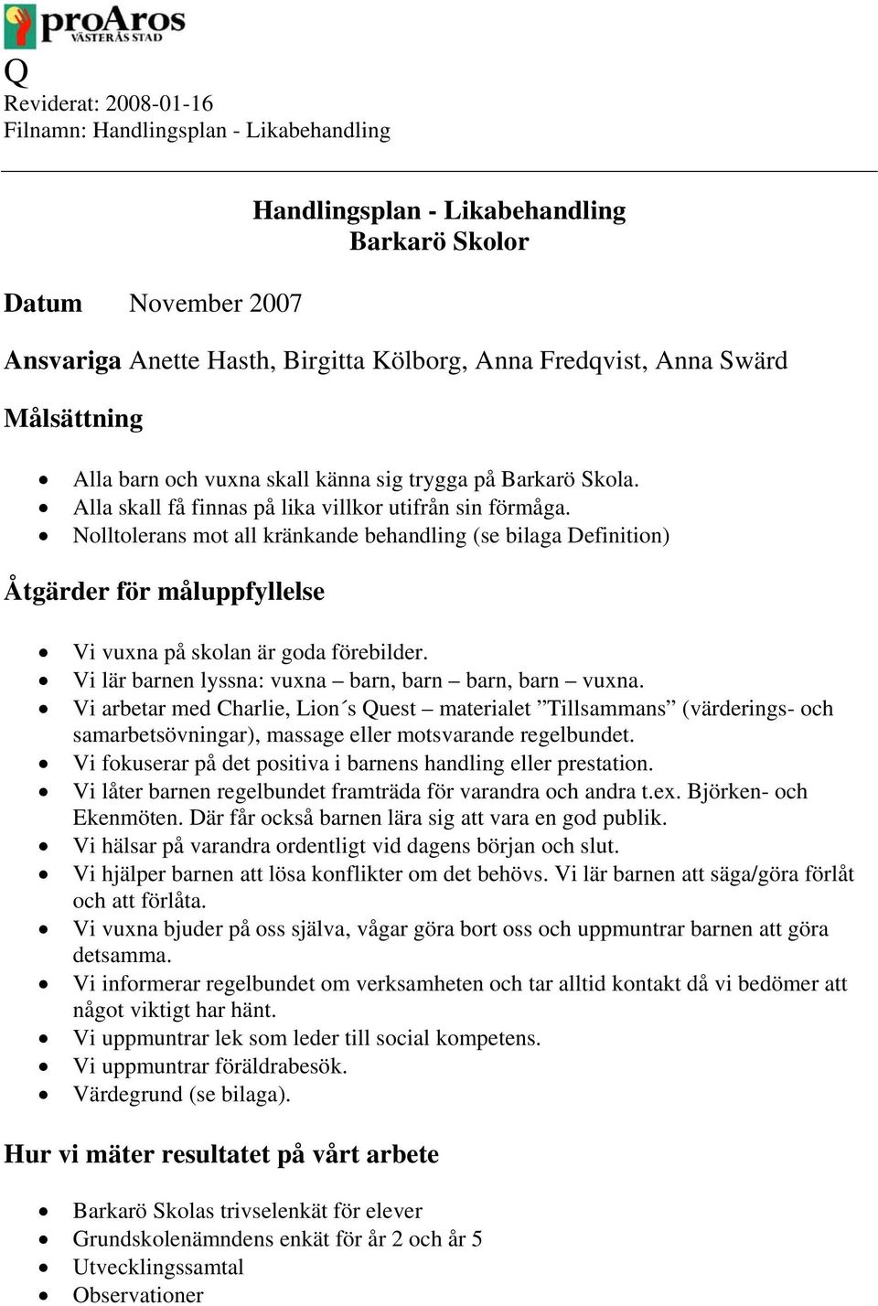 Nolltolerans mot all kränkande behandling (se bilaga Definition) Åtgärder för måluppfyllelse Vi vuxna på skolan är goda förebilder. Vi lär barnen lyssna: vuxna barn, barn barn, barn vuxna.