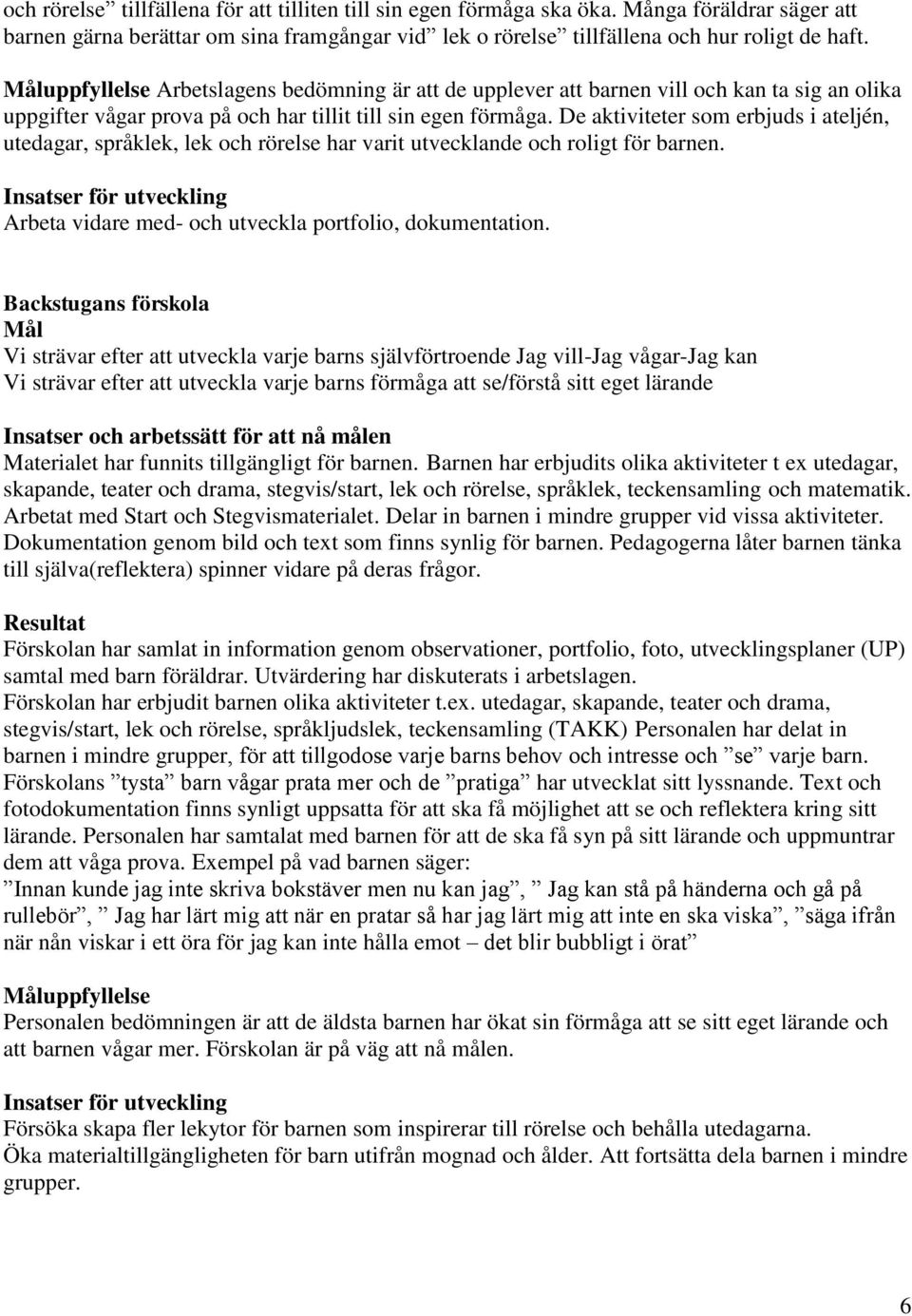 De aktiviteter som erbjuds i ateljén, utedagar, språklek, lek och rörelse har varit utvecklande och roligt för barnen. Arbeta vidare med- och utveckla portfolio, dokumentation.