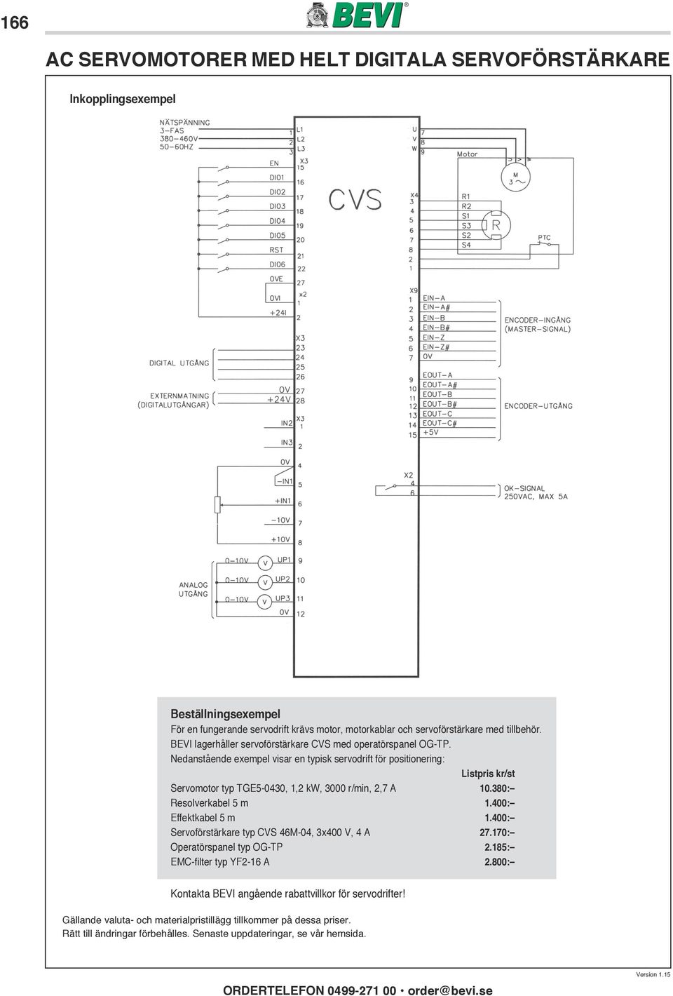 Nedanstående exempel visar en typisk servodrift för positionering: Listpris kr/st Servomotor typ TGE5-0430, 1,2 kw, 3000 r/min, 2,7 A 10.380: Resolverkabel 5 m 1.400: Effektkabel 5 m 1.