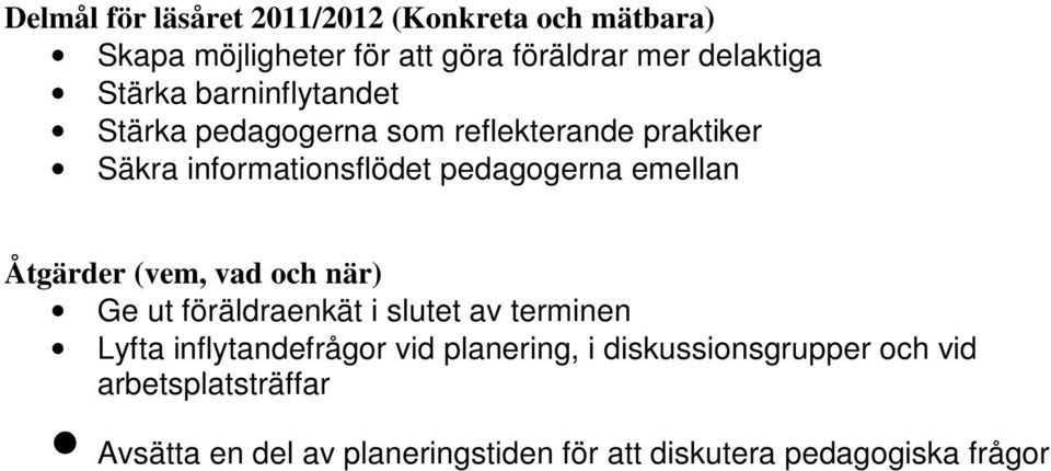 emellan Åtgärder (vem, vad och när) Ge ut föräldraenkät i slutet av terminen Lyfta inflytandefrågor vid