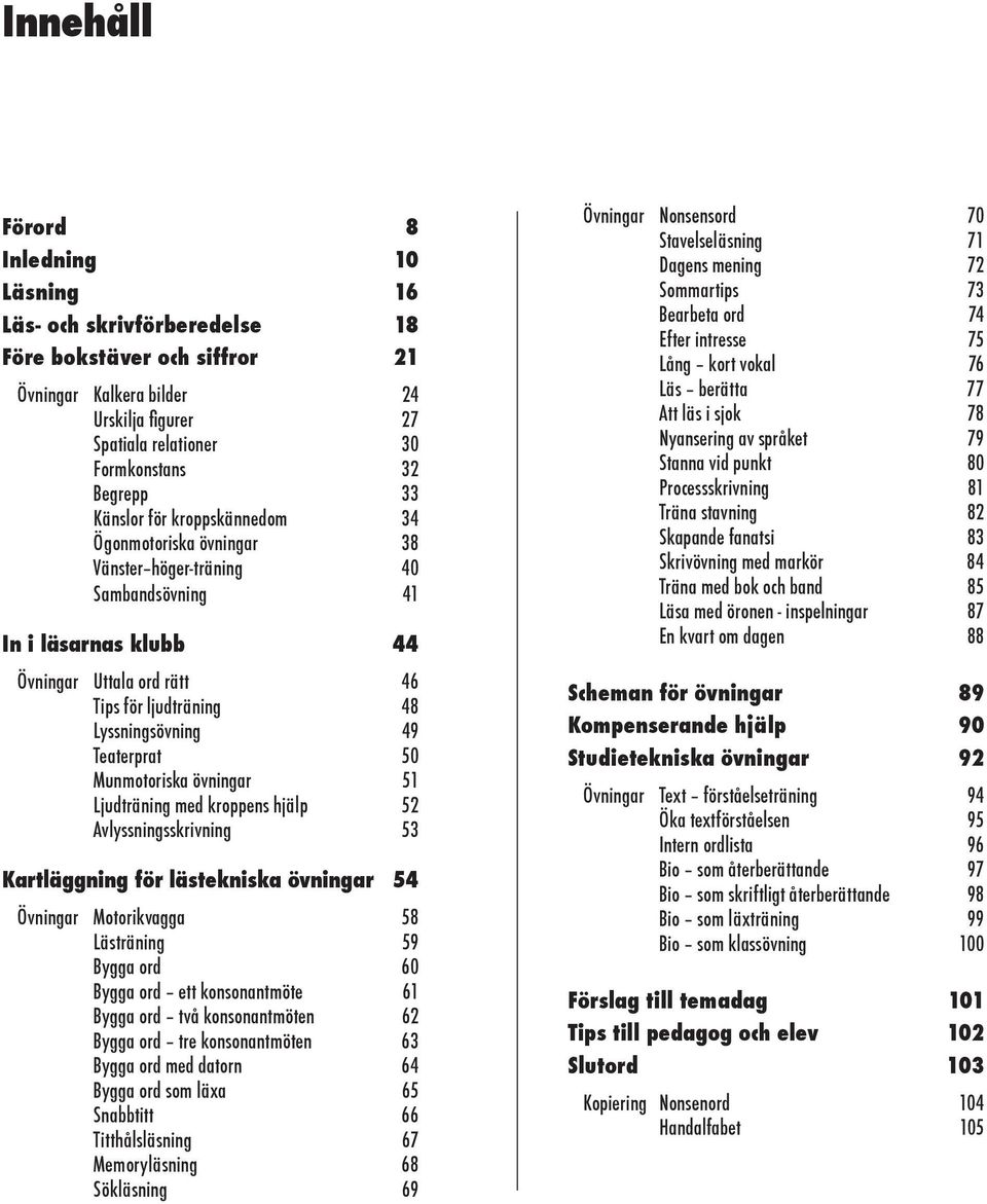 Teaterprat 50 Munmotoriska övningar 51 Ljudträning med kroppens hjälp 52 Avlyssningsskrivning 53 Kartläggning för lästekniska övningar 54 Övningar Motorikvagga 58 Lästräning 59 Bygga ord 60 Bygga ord