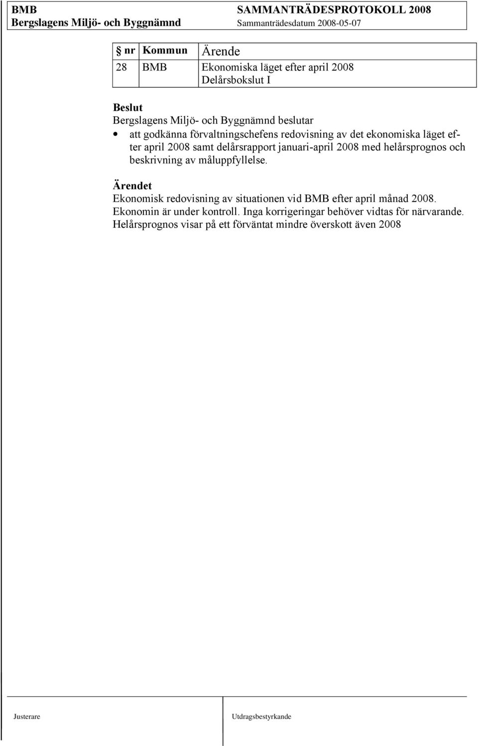 måluppfyllelse. Ärendet Ekonomisk redovisning av situationen vid BMB efter april månad 2008.