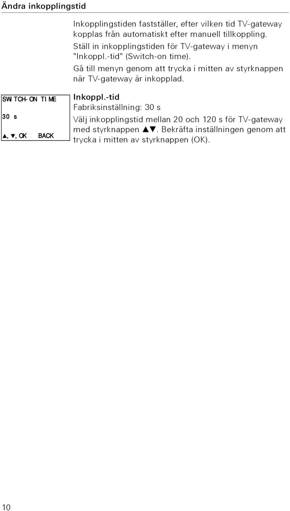 Gå till menyn genom att trycka i mitten av styrknappen när TV-gateway är inkopplad. SWITCH-ON TIME 30 s,,ok BACK Inkoppl.