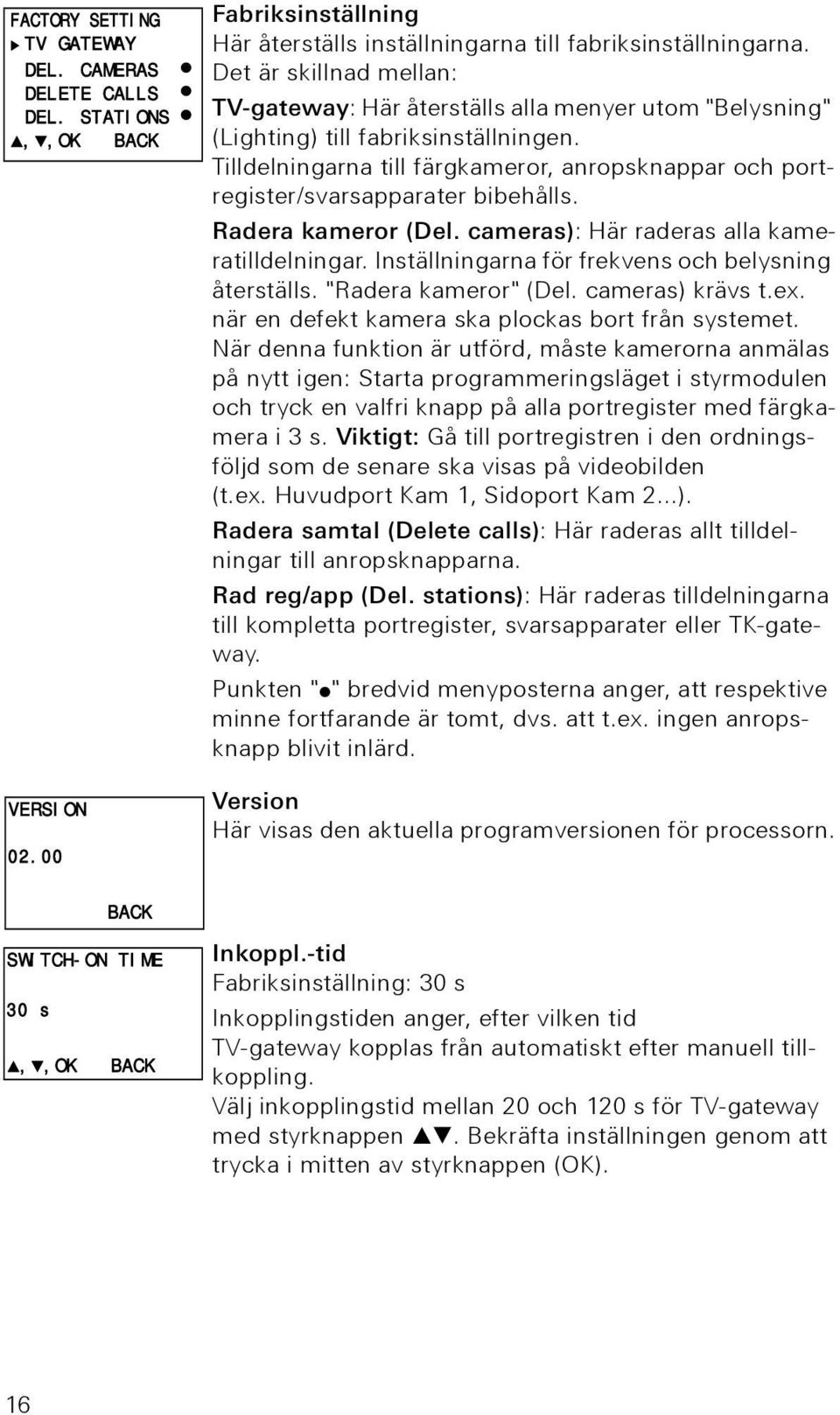 Det är skillnad mellan: TV-gateway: Här återställs alla menyer utom "Belysning" (Lighting) till fabriksinställningen.