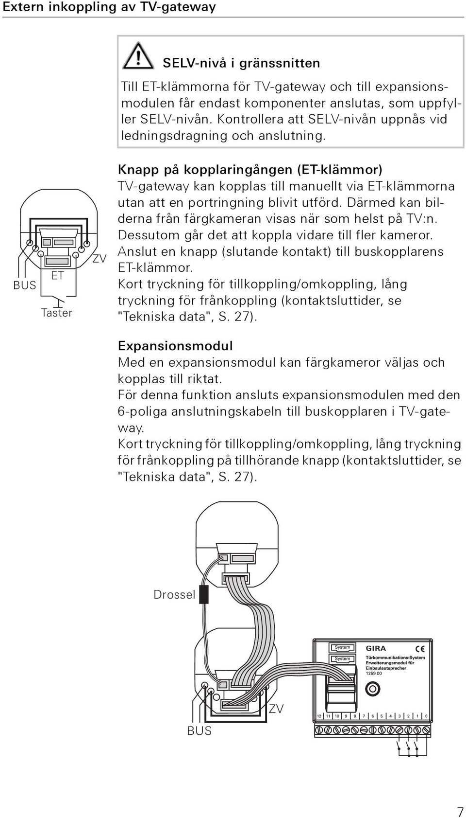 BUS ET Taster ZV Knapp på kopplaringången (ET-klämmor) TV-gateway kan kopplas till manuellt via ET-klämmorna utan att en portringning blivit utförd.