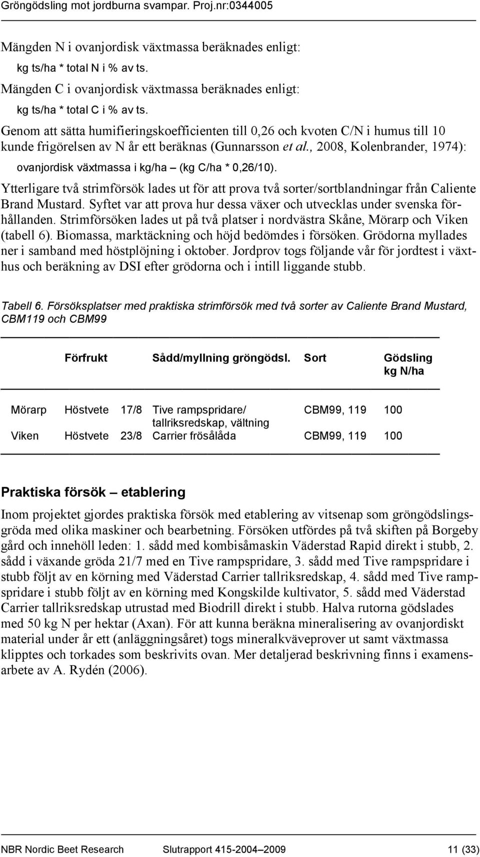 , 2008, Kolenbrander, 1974): ovanjordisk växtmassa i kg/ha (kg C/ha * 0,26/10). Ytterligare två strimförsök lades ut för att prova två sorter/sortblandningar från Caliente Brand Mustard.