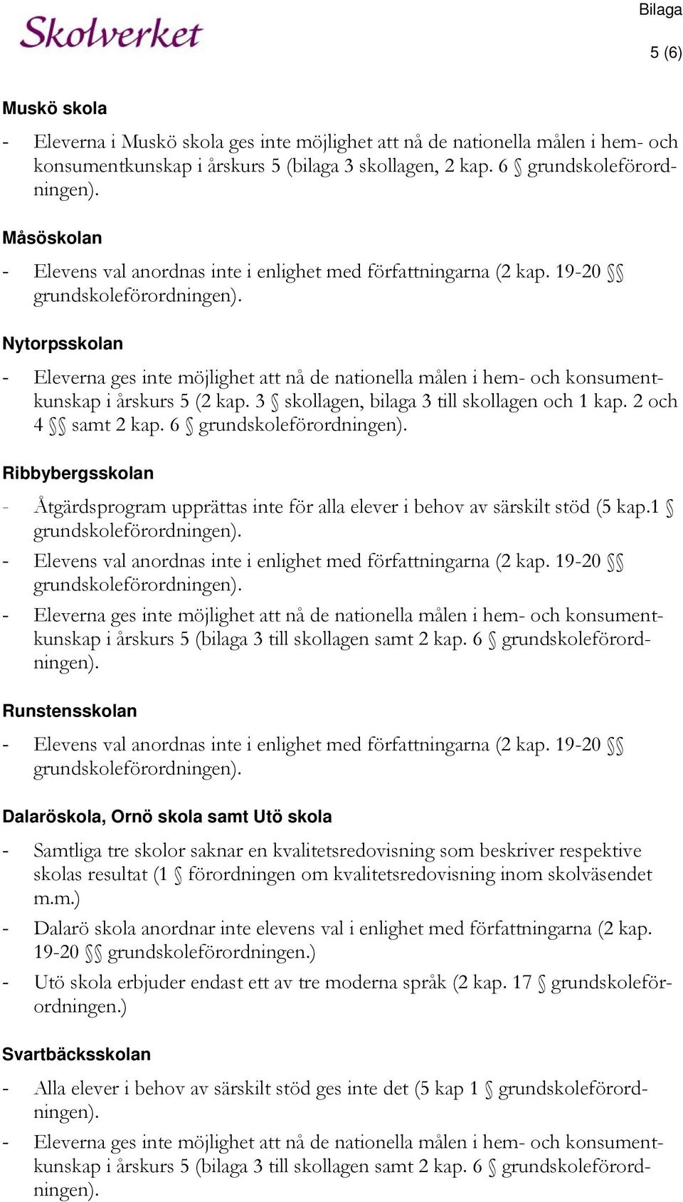 Nytorpsskolan - Eleverna ges inte möjlighet att nå de nationella målen i hem- och konsumentkunskap i årskurs 5 (2 kap. 3 skollagen, bilaga 3 till skollagen och 1 kap. 2 och 4 samt 2 kap.