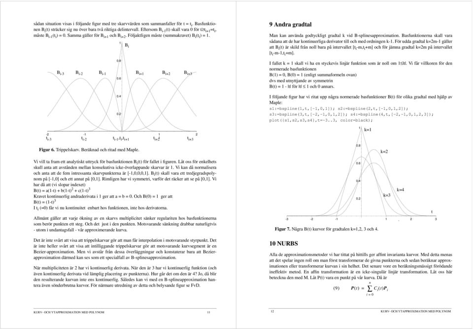 B i 9 Adra gradal Ma ka aväda godycklig gradal k vid B-spliesapproximaio. Basfukioera skall vara sådaa a de har koiuerliga derivaor ill och med ordige k-.