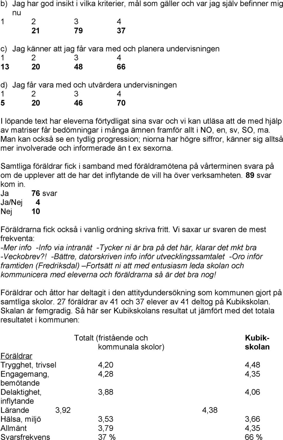 NO, en, sv, SO, ma. Man kan också se en tydlig progression; niorna har högre siffror, känner sig alltså mer involverade och informerade än t ex sexorna.