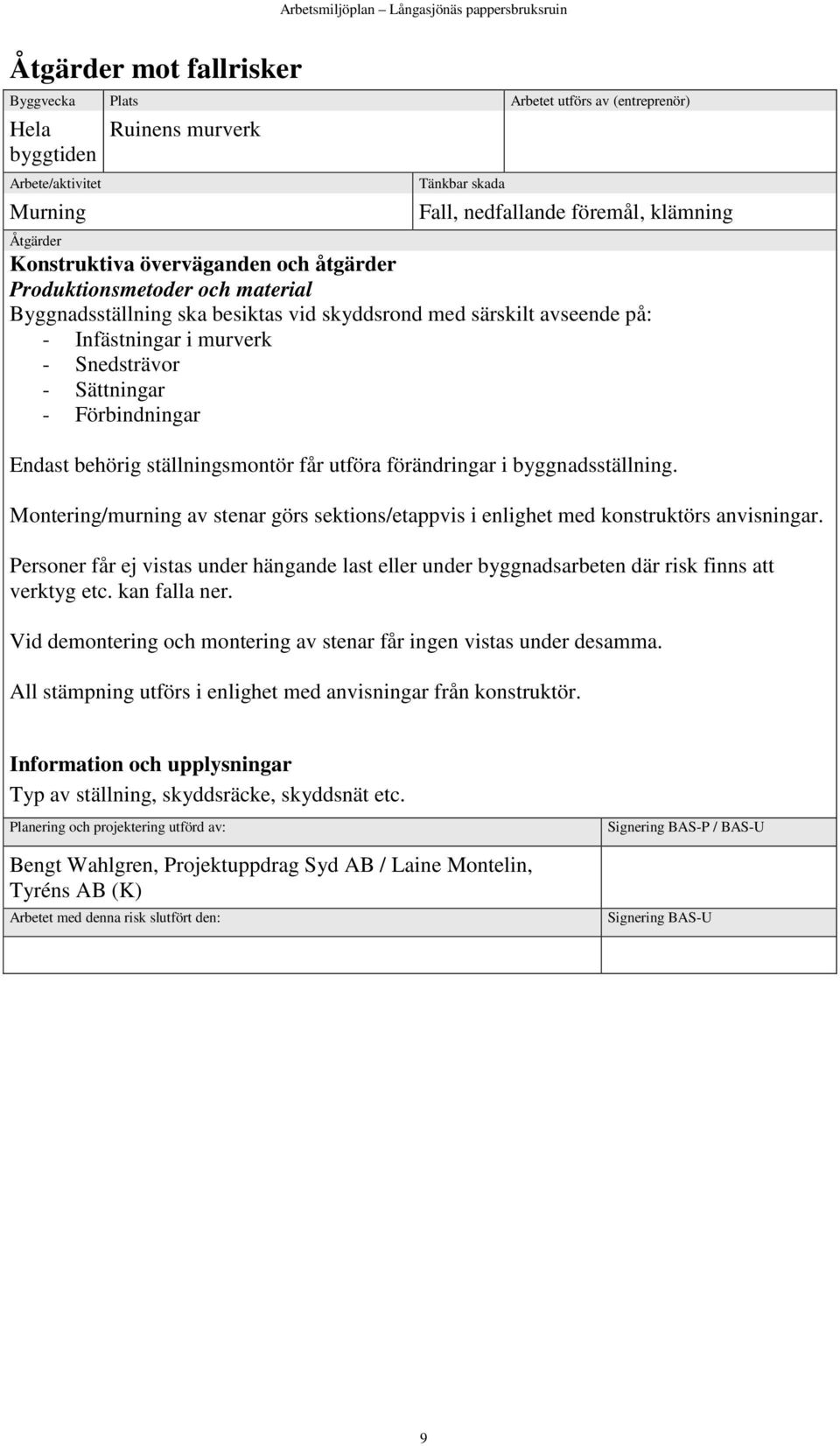 Endast behörig ställningsmontör får utföra förändringar i byggnadsställning. Montering/murning av stenar görs sektions/etappvis i enlighet med konstruktörs anvisningar.