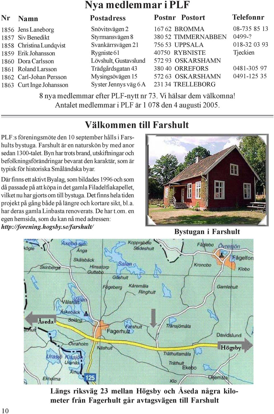 PLF-nytt nr 73. Vi hälsar dem välkomna! Antalet medlemmar i PLF är 1 078 den 4 augusti 2005. PLF:s föreningsmöte den 10 september hålls i Farshults bystuga.