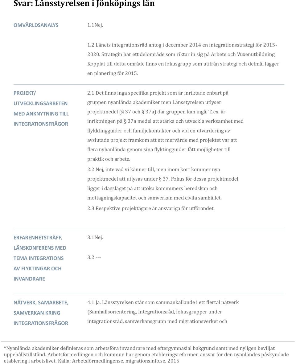 15. 2.1 Det finns inga specifika projekt som a r inriktade enbart pa gruppen nyanla nda akademiker men La nsstyrelsen utlyser projektmedel ( 37 och 37a) da r gruppen kan inga. T..ex.