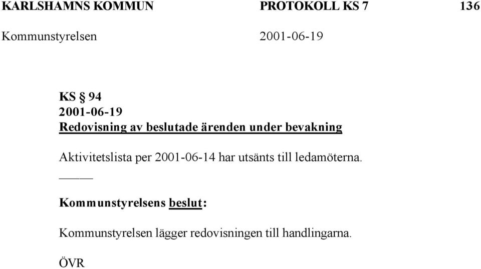 Aktivitetslista per 2001-06-14 har utsänts till