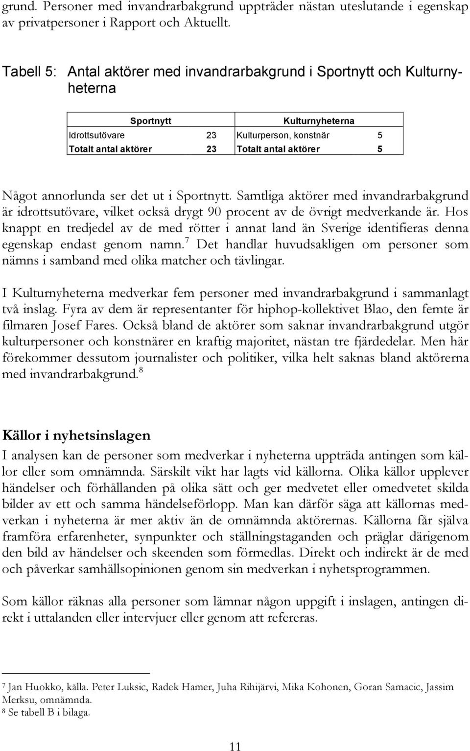 annorlunda ser det ut i Sportnytt. Samtliga aktörer med invandrarbakgrund är idrottsutövare, vilket också drygt 90 procent av de övrigt medverkande är.