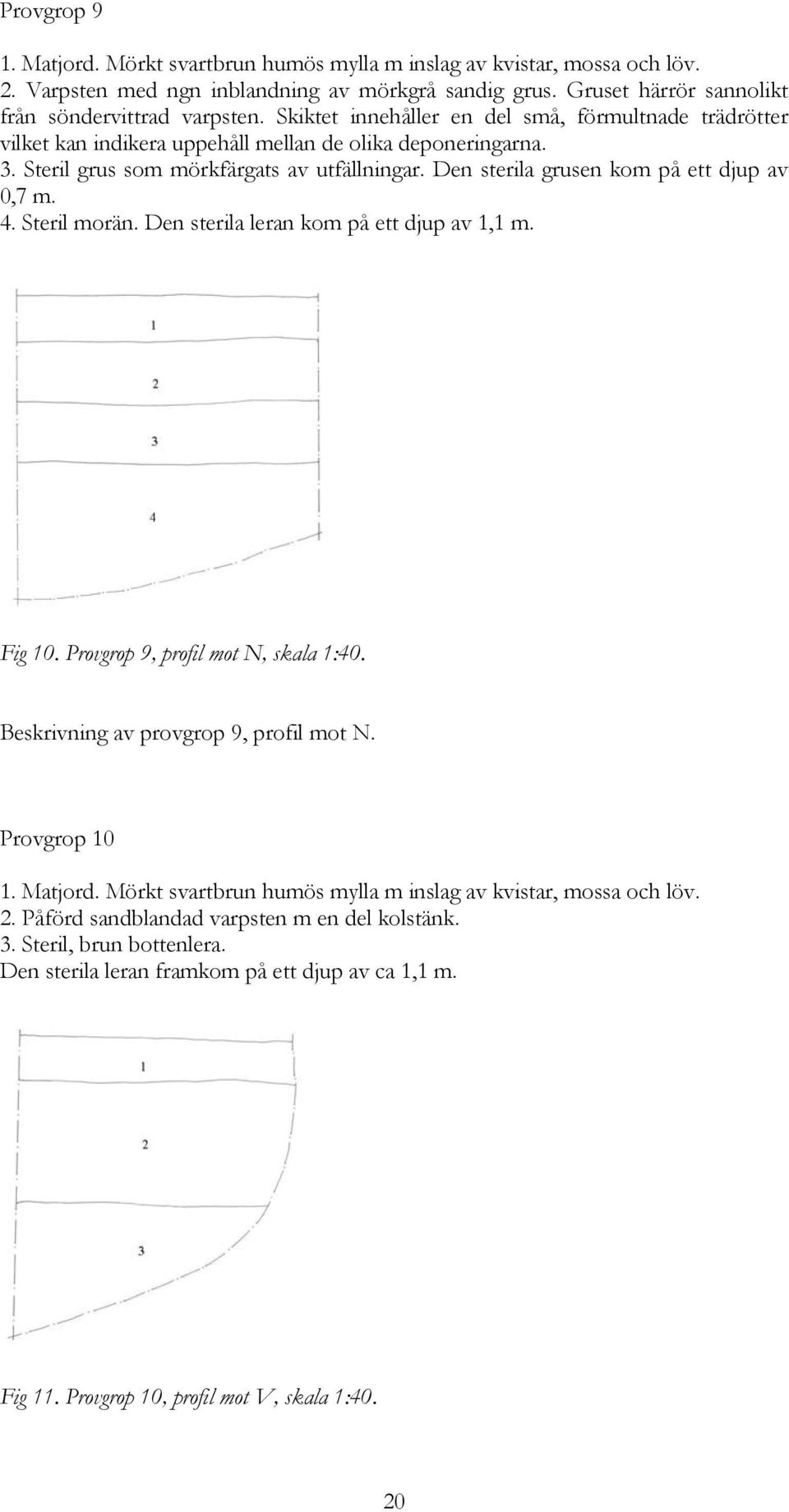 Den sterila grusen kom på ett djup av 0,7 m. 4. Steril morän. Den sterila leran kom på ett djup av 1,1 m. Fig 10. Provgrop 9, profil mot N, skala 1:40. Beskrivning av provgrop 9, profil mot N.