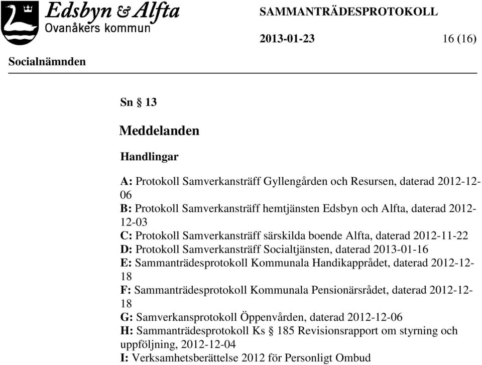 2013-01-16 E: Sammanträdesprotokoll Kommunala Handikapprådet, daterad 2012-12- 18 F: Sammanträdesprotokoll Kommunala Pensionärsrådet, daterad 2012-12- 18 G: