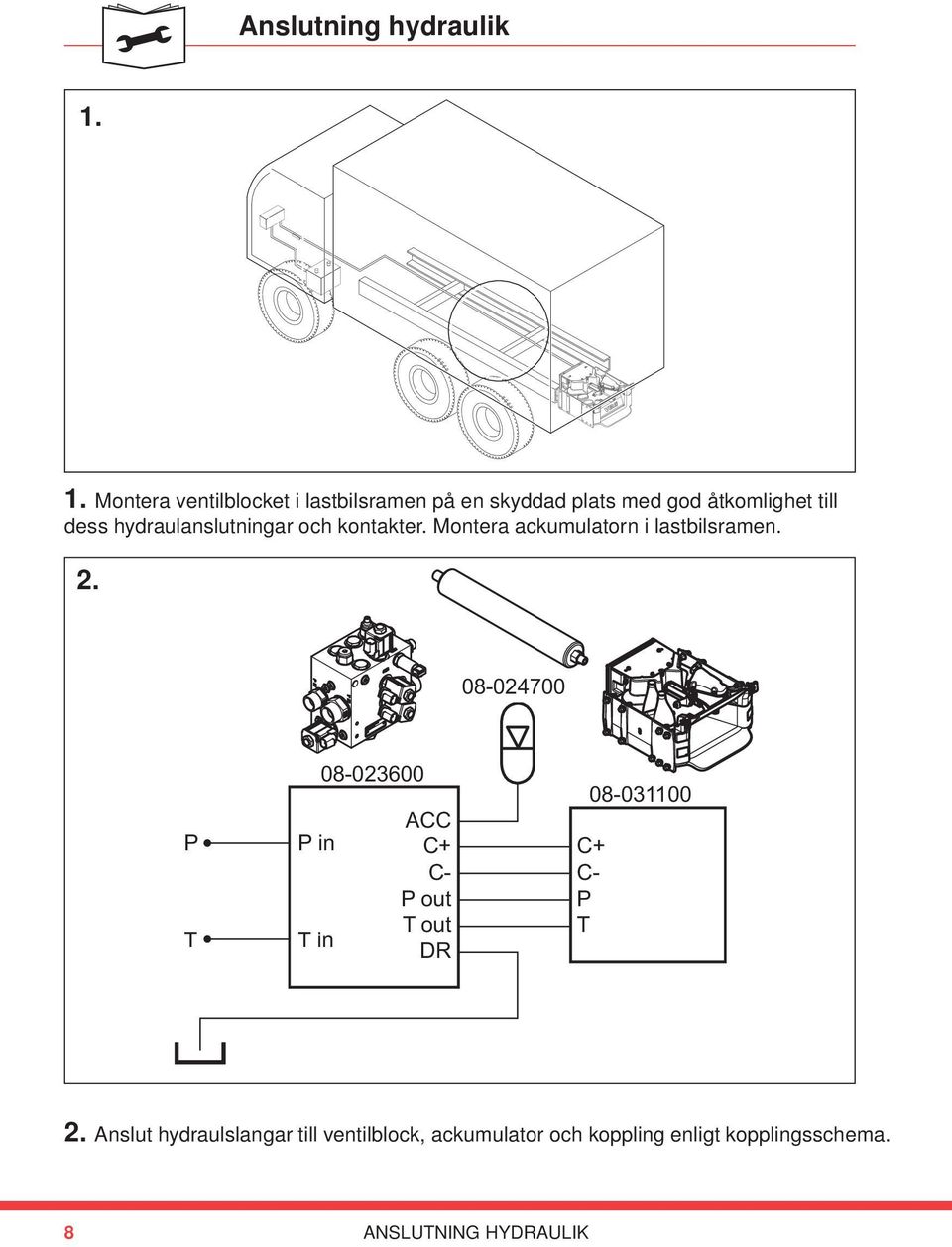 hydraulanslutningar och kontakter. Montera ackumulatorn i lastbilsramen. 2.