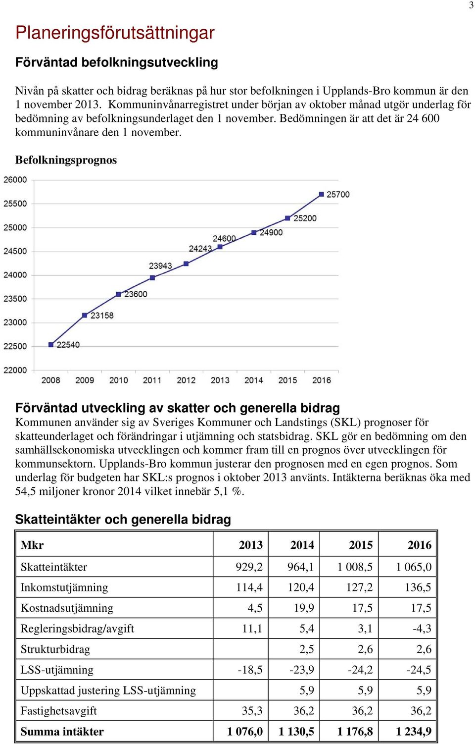 Befolkningsprognos Förväntad utveckling av skatter och generella bidrag Kommunen använder sig av Sveriges Kommuner och Landstings (SKL) prognoser för skatteunderlaget och förändringar i utjämning och